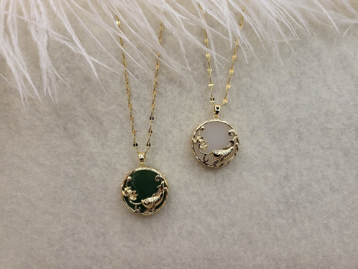 Gold Fish Jade Necklace, WATERPROOF Chains.
