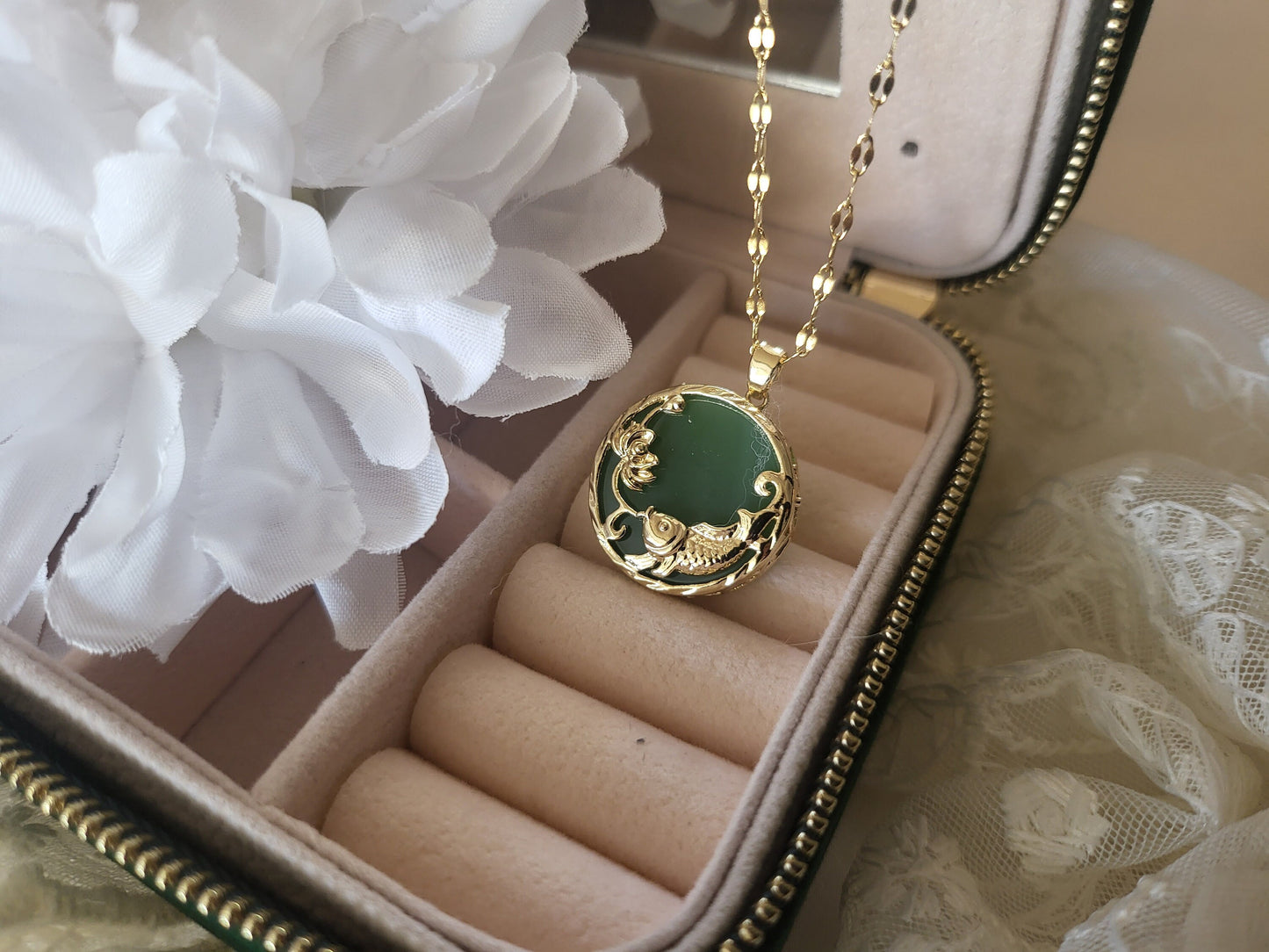 Gold Fish Jade Necklace, WATERPROOF Chains.