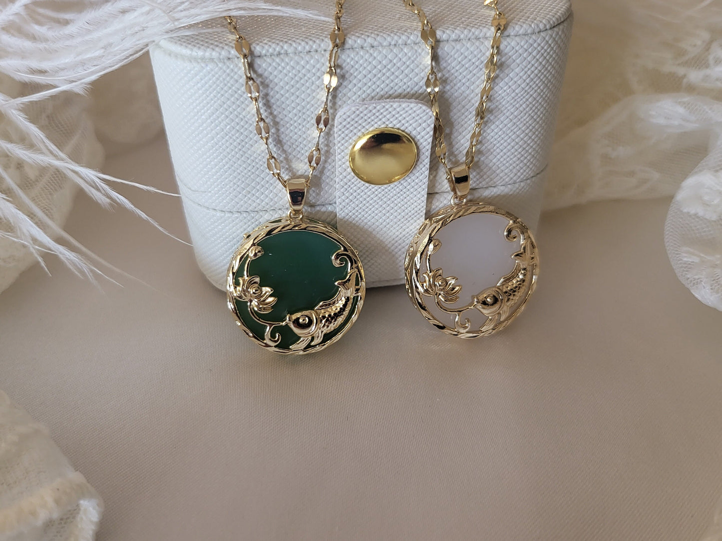 Gold Fish Jade Necklace, WATERPROOF Chains.