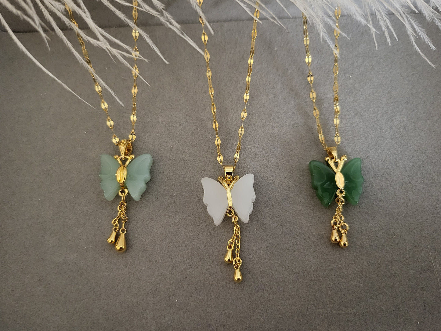 Gold Butterfly Jade Necklace, WATERPROOF Chains, Gifts for Her.