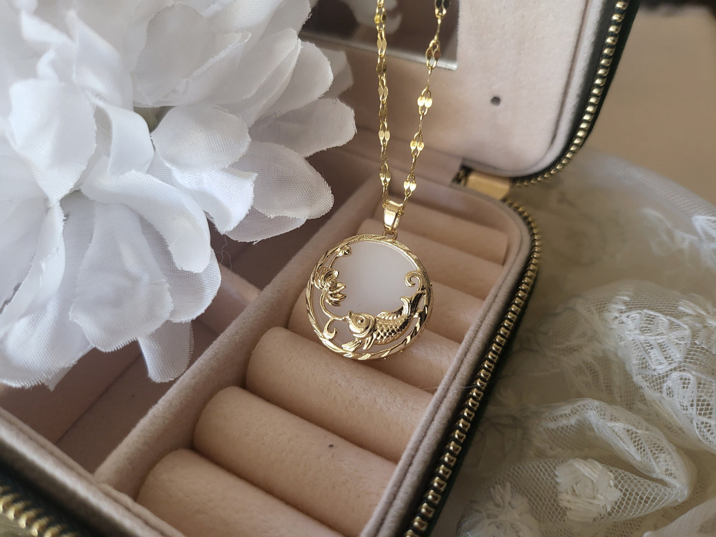 Gold Fish Jade Necklace, WATERPROOF Chains.