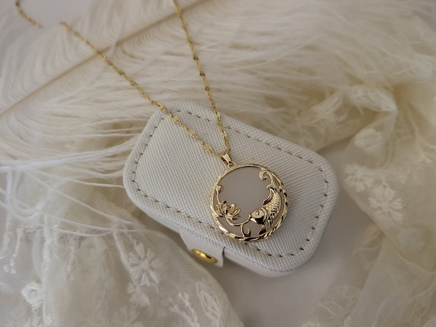 Gold Fish Jade Necklace, WATERPROOF Chains.