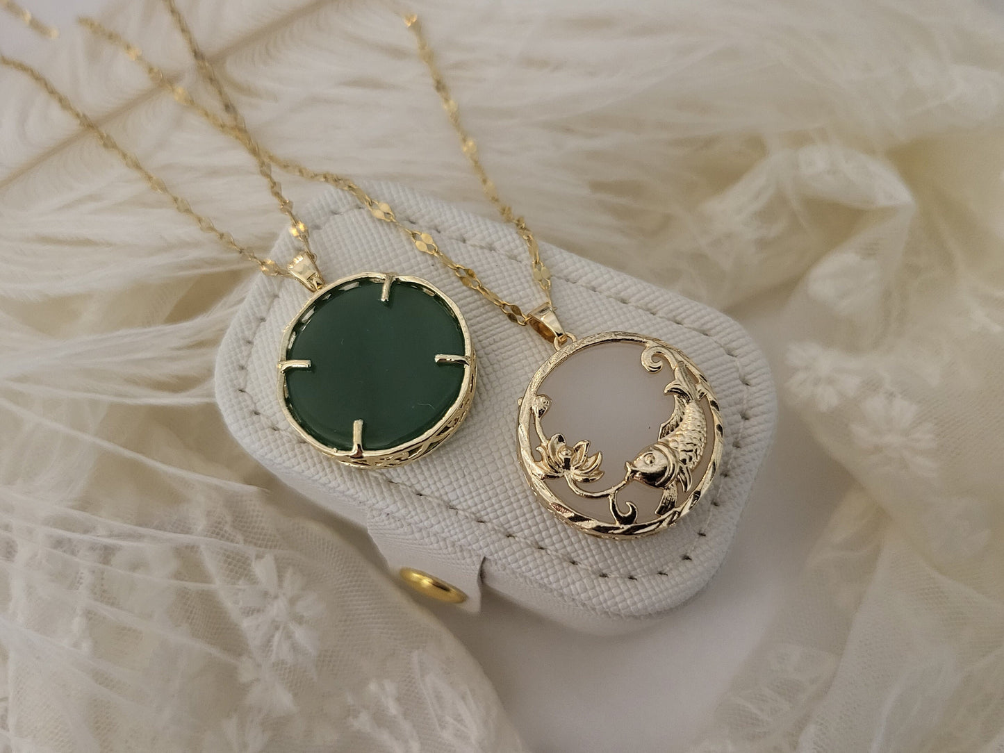 Gold Fish Jade Necklace, WATERPROOF Chains.