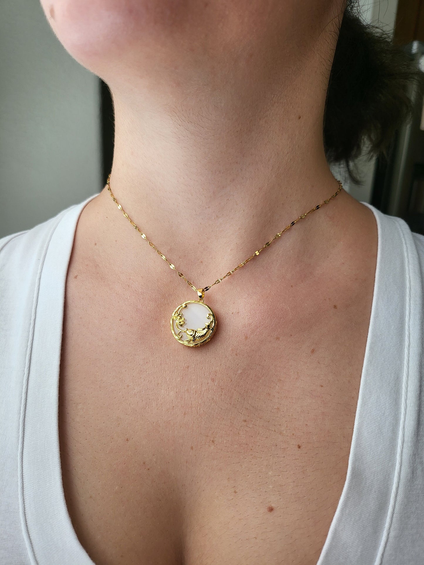 Gold Fish Jade Necklace, WATERPROOF Chains.