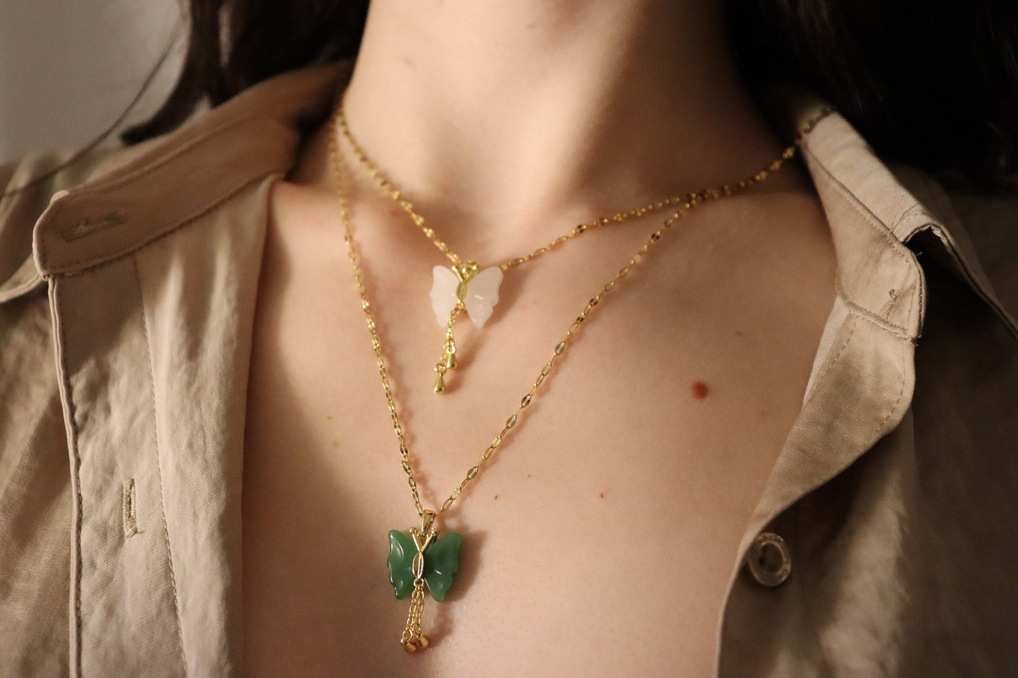 Gold Butterfly Jade Necklace, WATERPROOF Chains, Gifts for Her.