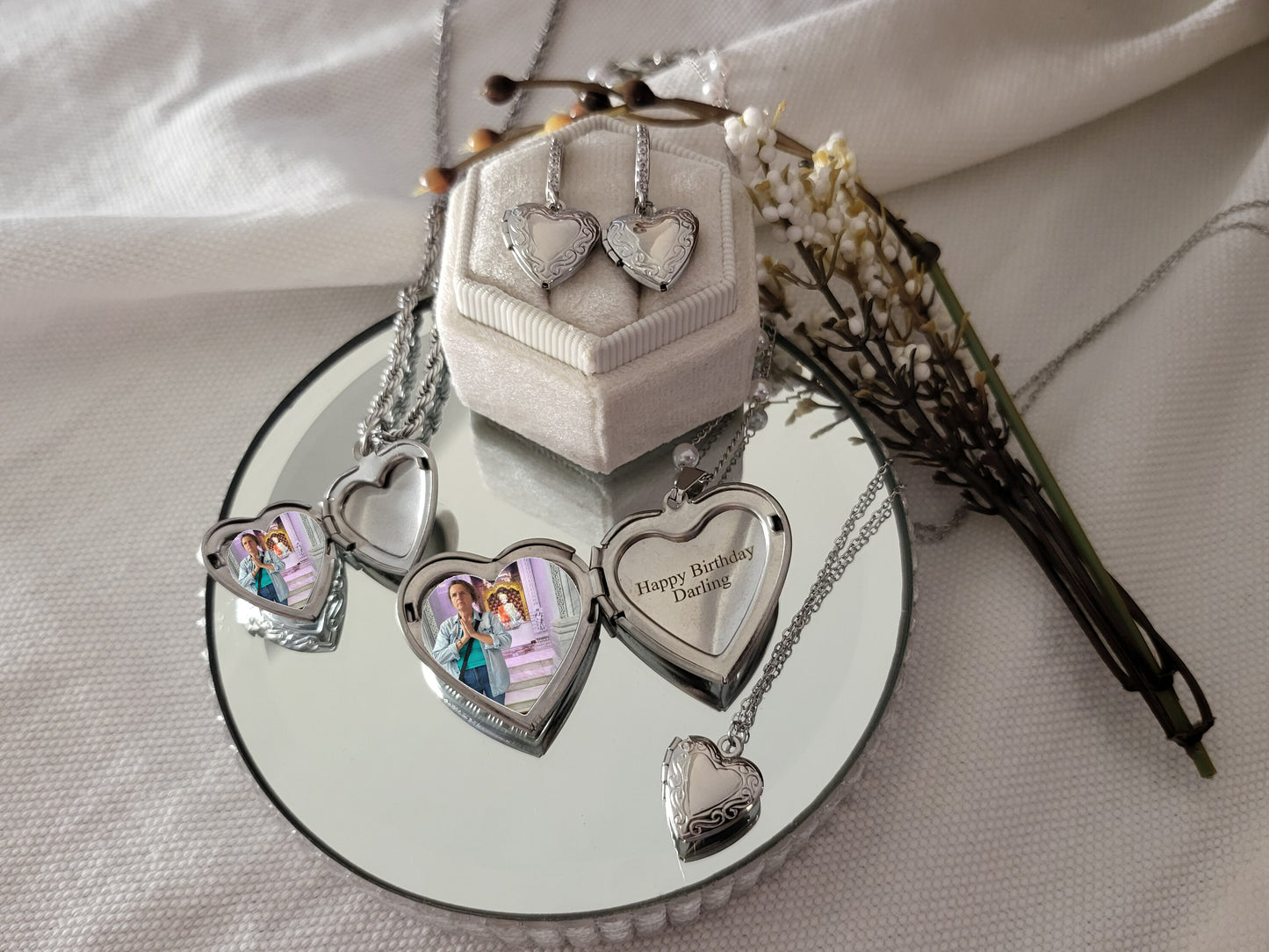 Silver Heart Locket Earrings , Engraved Heart Locket with photo, Personalized gift.