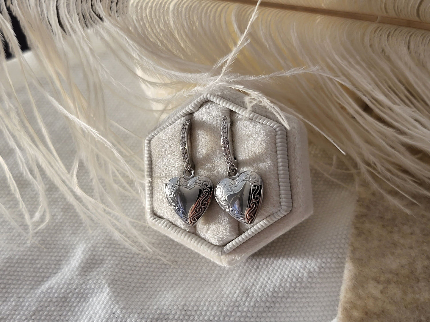 Silver Heart Locket Earrings , Engraved Heart Locket with photo, Personalized gift.