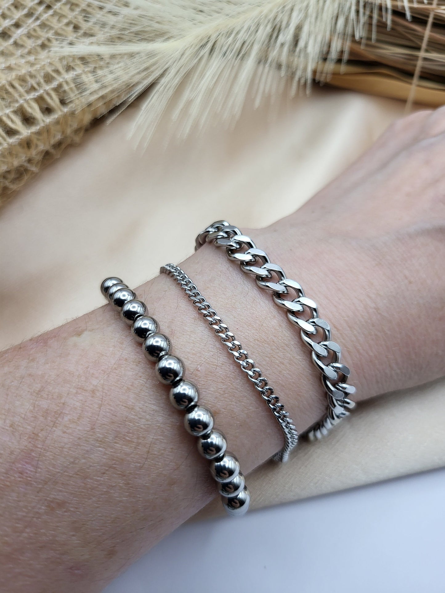 Silver-Gold Stainless Steel Beaded Bracelet, WATERPROOF,Christmas Gift.