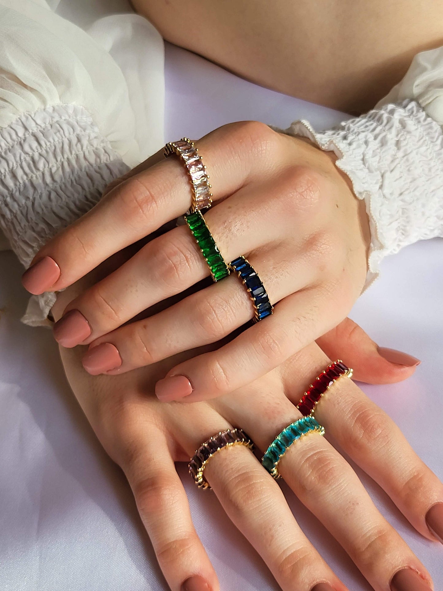 Adjustable Colorful CZ Band Ring , Waterproof , High Quality, Birthday Gift.