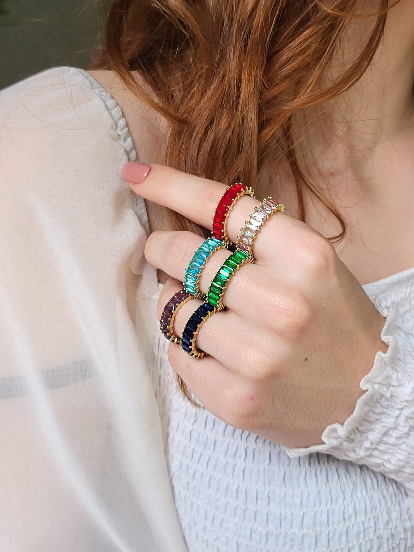 Adjustable Colorful CZ Band Ring , Waterproof , High Quality, Birthday Gift.