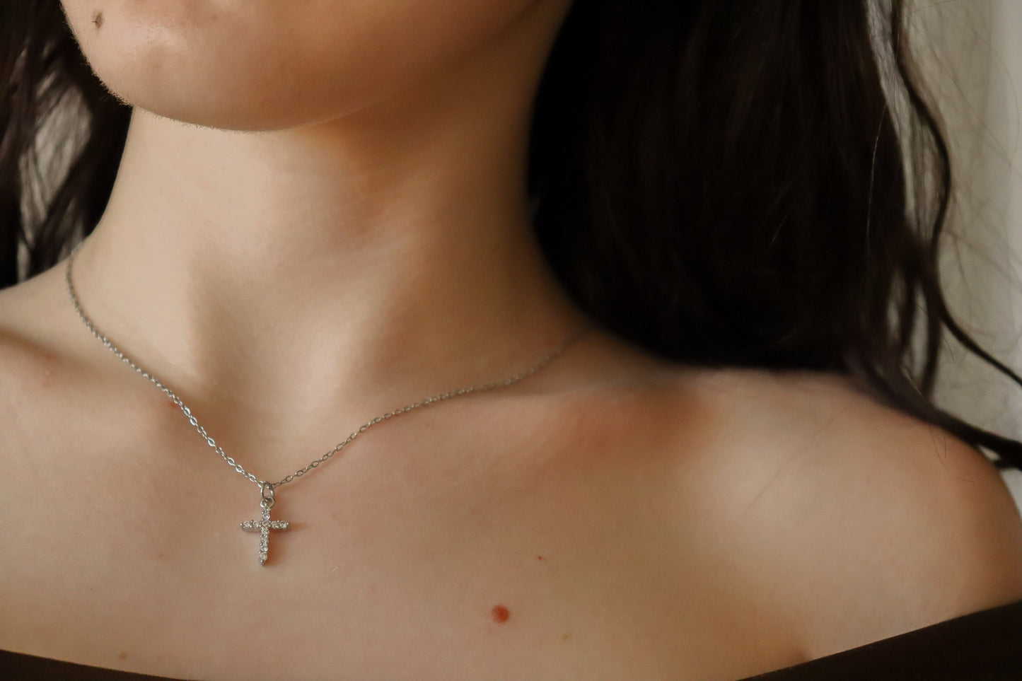 Genuine Diamond Cross, Silver Dainty Cross Necklace ,Adjustable WATERPROOF Chains, Handmade Jewelry , Christmas Gift, Christening gift.