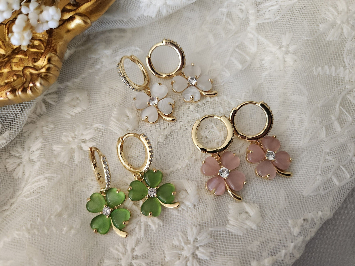 Gold Filled Bridesmaid Jade Earrings , Necklaces, WATERPROOF Clover Set.
