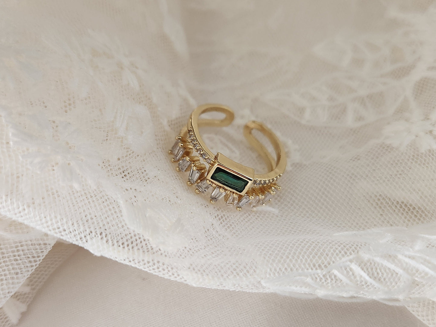 Adjustable Emerald Green ,Black , White Zircon Ring, Gemstone Jewelry.