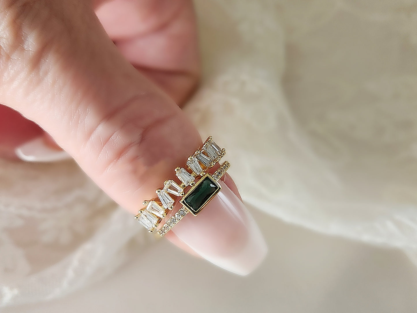 Adjustable Emerald Green ,Black , White Zircon Ring, Gemstone Jewelry.