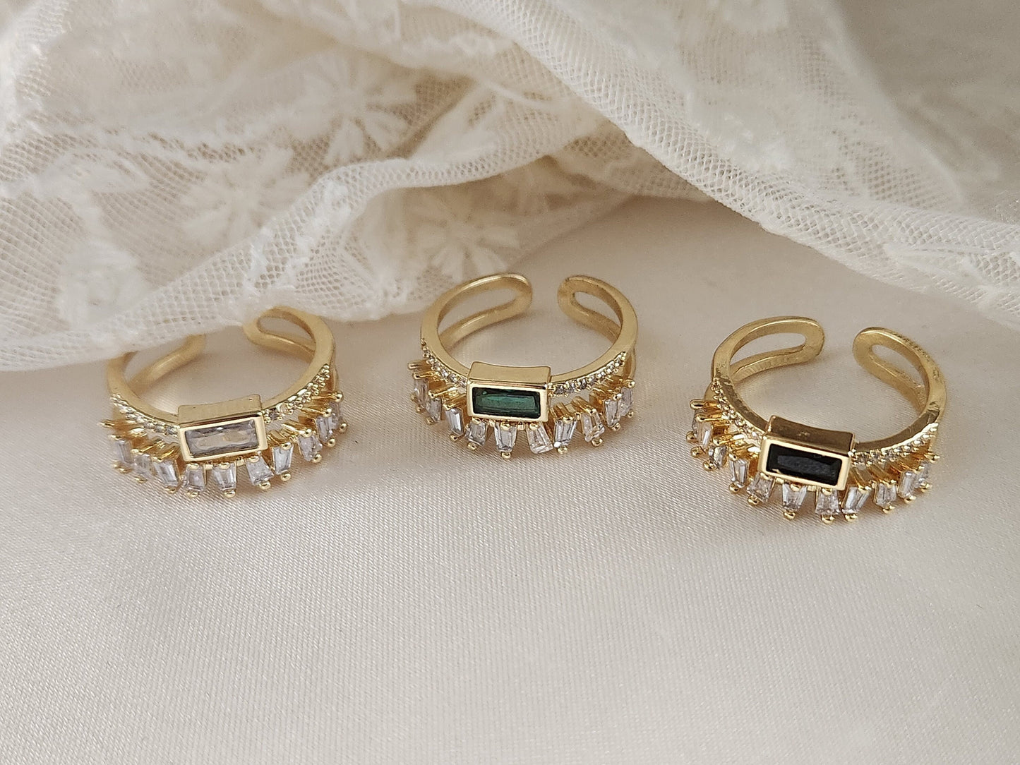 Adjustable Emerald Green ,Black , White Zircon Ring, Gemstone Jewelry.