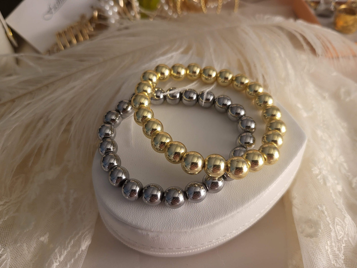 Silver-Gold Stainless Steel Beaded Bracelet, WATERPROOF,Christmas Gift.