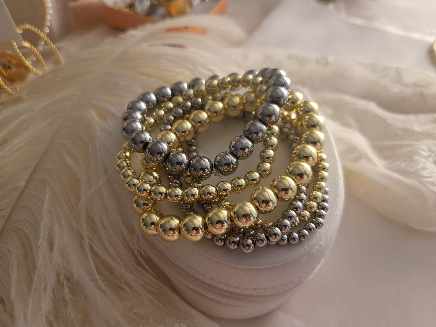 Silver-Gold Stainless Steel Beaded Bracelet, WATERPROOF,Christmas Gift.