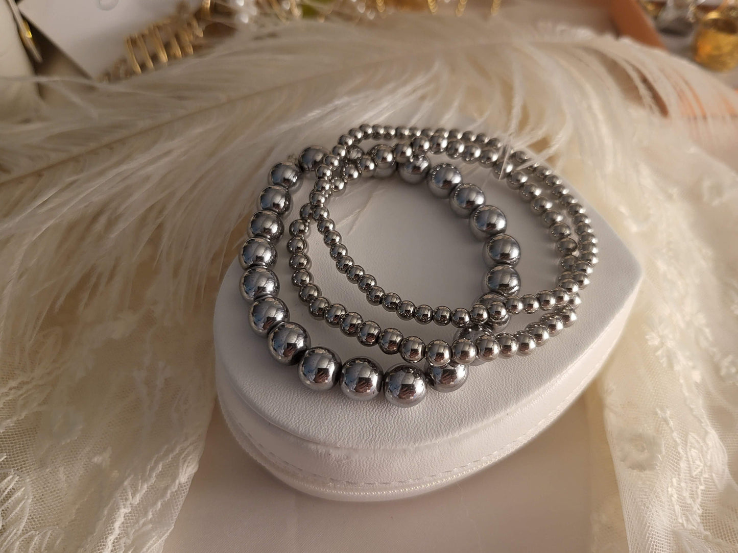 Silver-Gold Stainless Steel Beaded Bracelet, WATERPROOF,Christmas Gift.