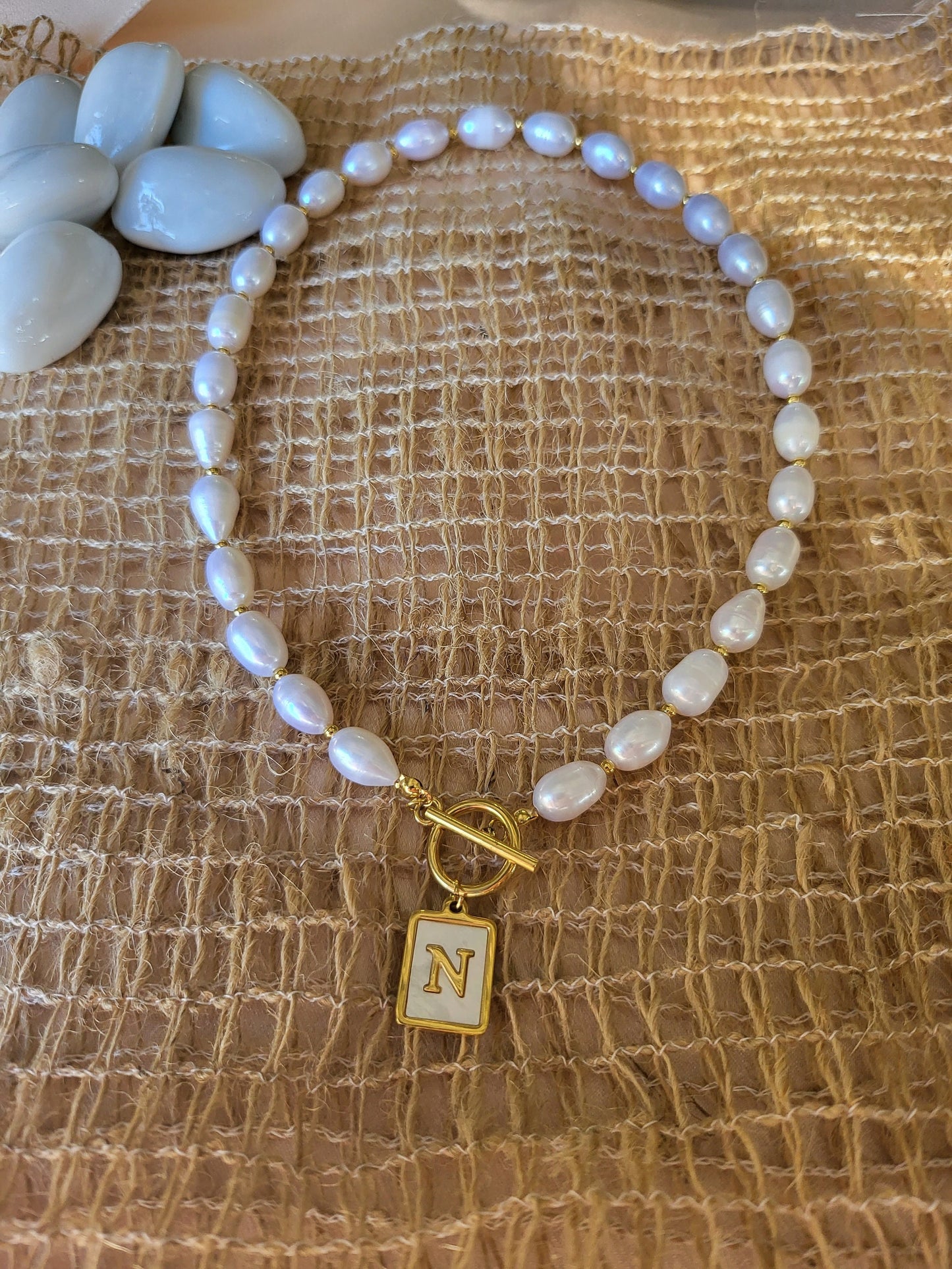 Gold Filled Real Freshwater Pearl Necklace ,Round initial , Square initial, Toggle claps.