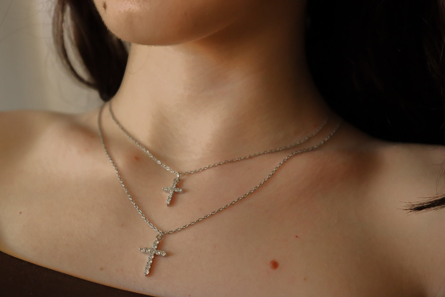 Genuine Diamond Cross, Silver Dainty Cross Necklace ,Adjustable WATERPROOF Chains, Handmade Jewelry , Christmas Gift, Christening gift.