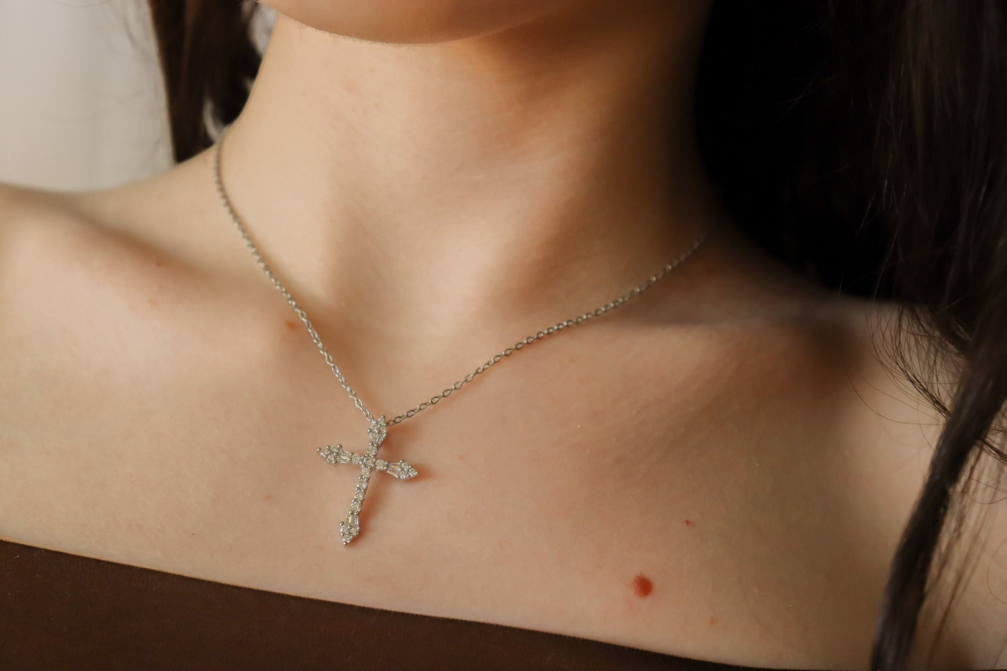 Genuine Diamond Cross, Silver Dainty Cross Necklace ,Adjustable WATERPROOF Chains, Handmade Jewelry , Christmas Gift, Christening gift.