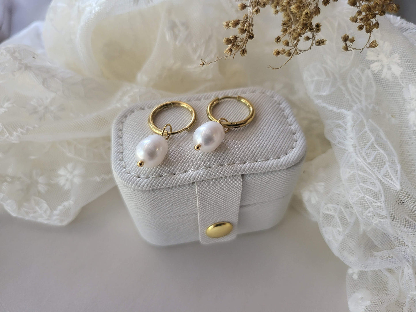 Gold Filled Pearl Hoop Earrings , Waterproof ,Gift For Her, High Quality.