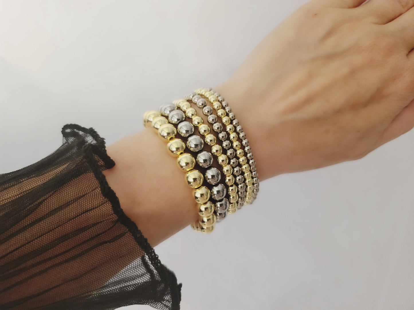 Silver-Gold Stainless Steel Beaded Bracelet, WATERPROOF,Christmas Gift.
