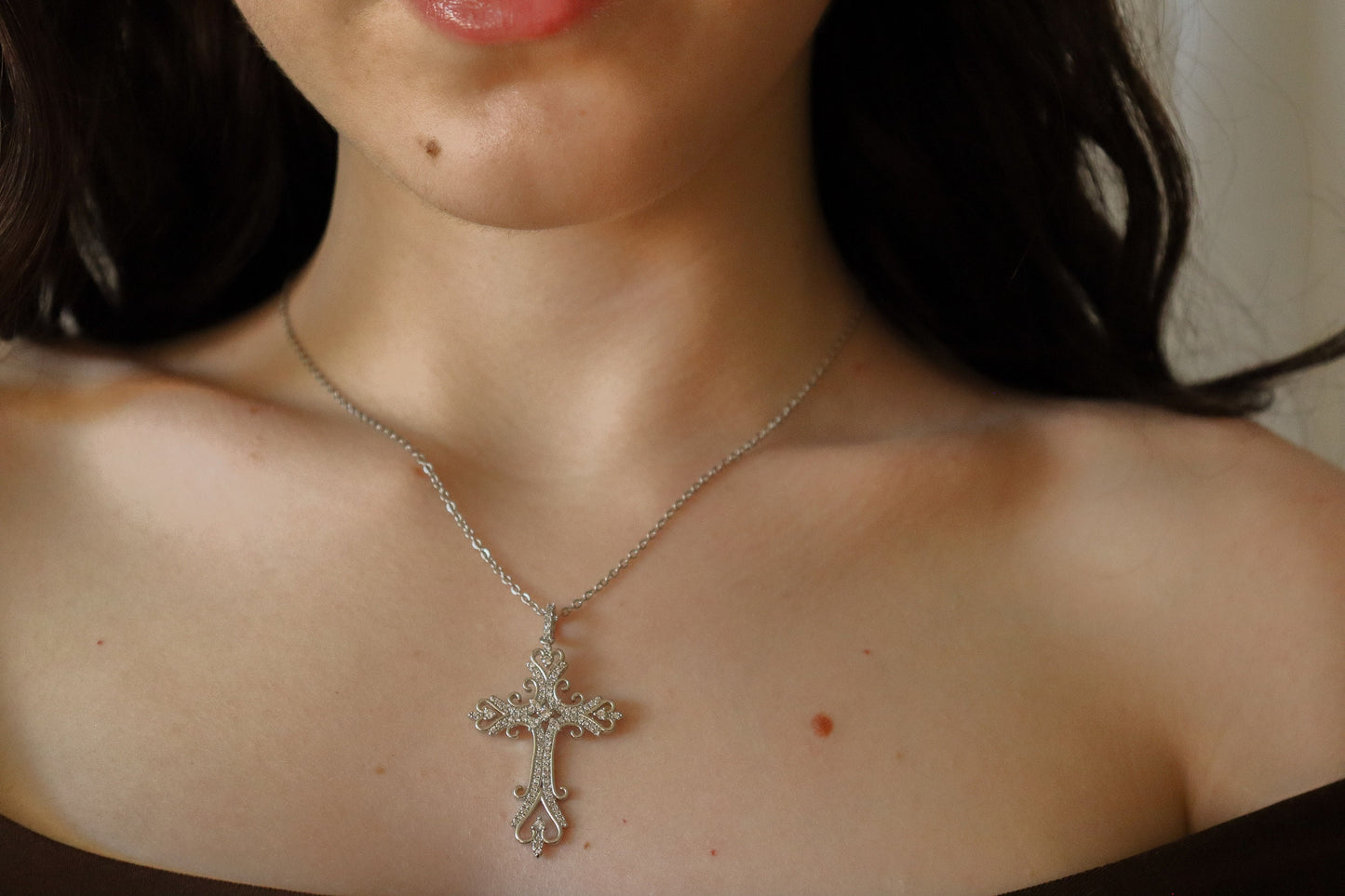 Genuine Diamond Cross, Silver Dainty Cross Necklace ,Adjustable WATERPROOF Chains, Handmade Jewelry , Christmas Gift, Christening gift.