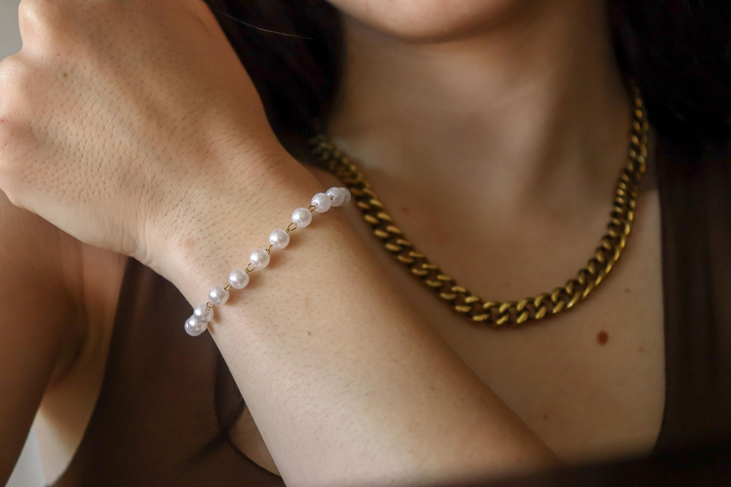 Gold Filled White Round Pearl Bracelet, Waterproof.