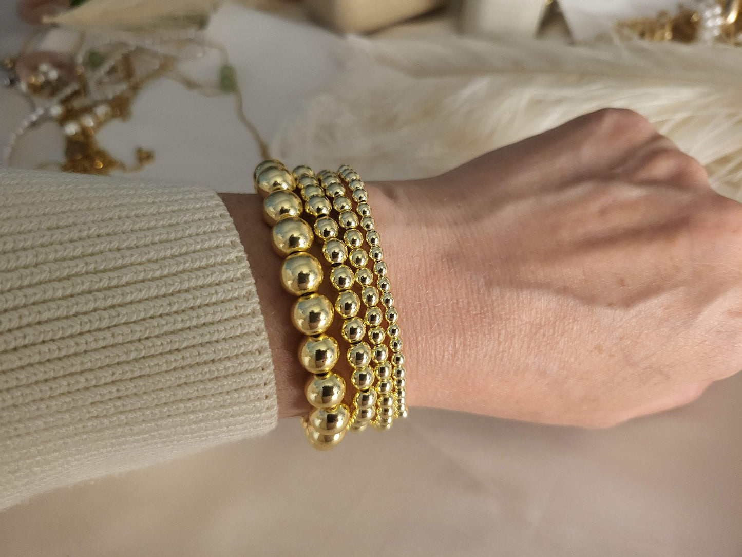 Silver-Gold Stainless Steel Beaded Bracelet, WATERPROOF,Christmas Gift.