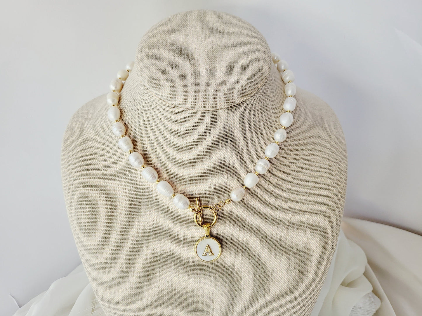 Gold Filled Real Freshwater Pearl Necklace ,Round initial , Square initial, Toggle claps.