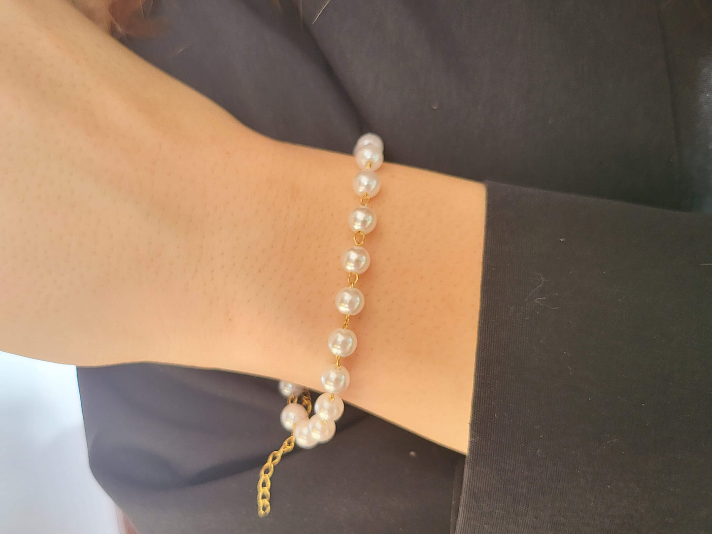 Gold Filled White Round Pearl Bracelet, Waterproof.