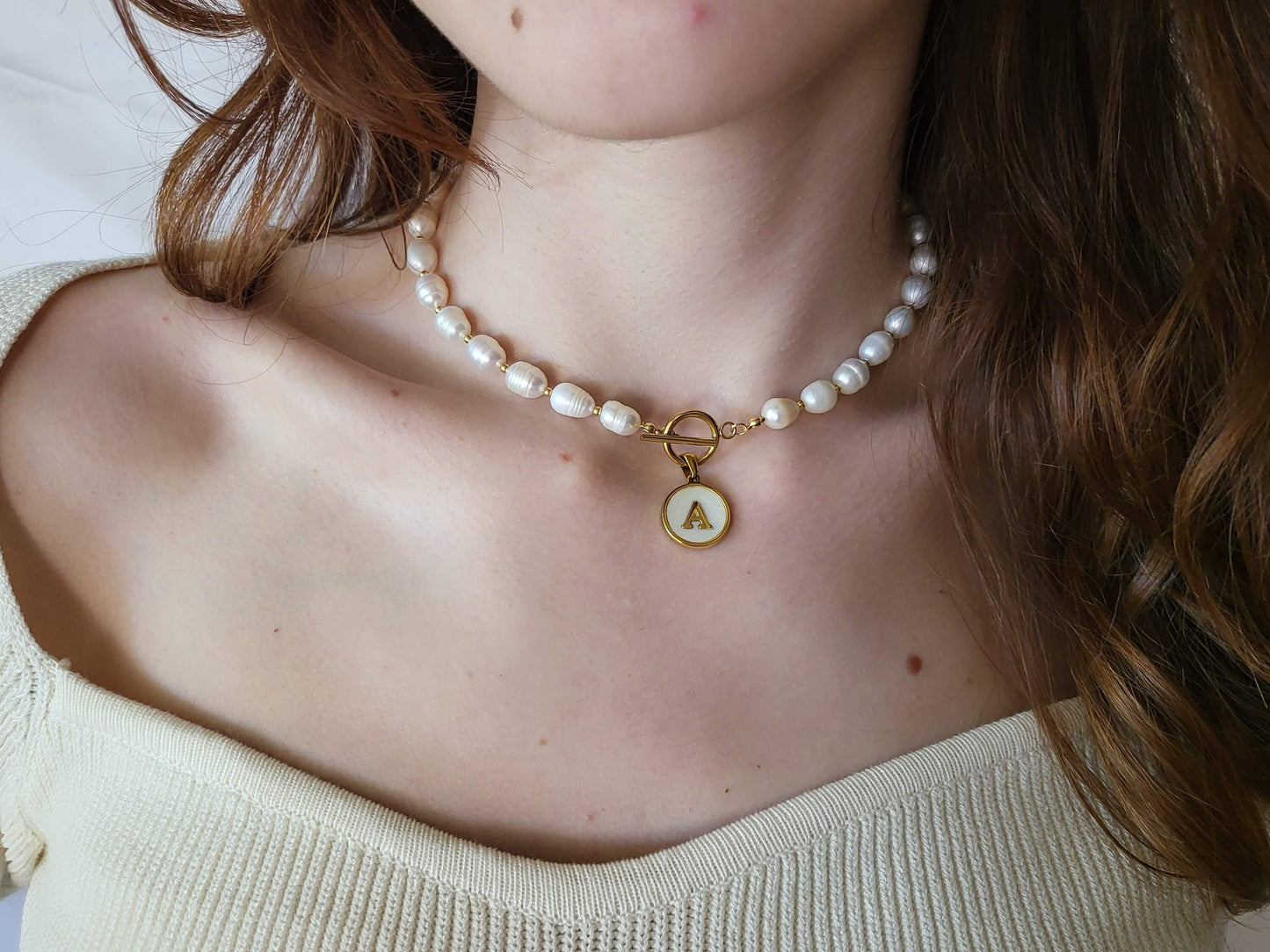 Gold Filled Real Freshwater Pearl Necklace ,Round initial , Square initial, Toggle claps.