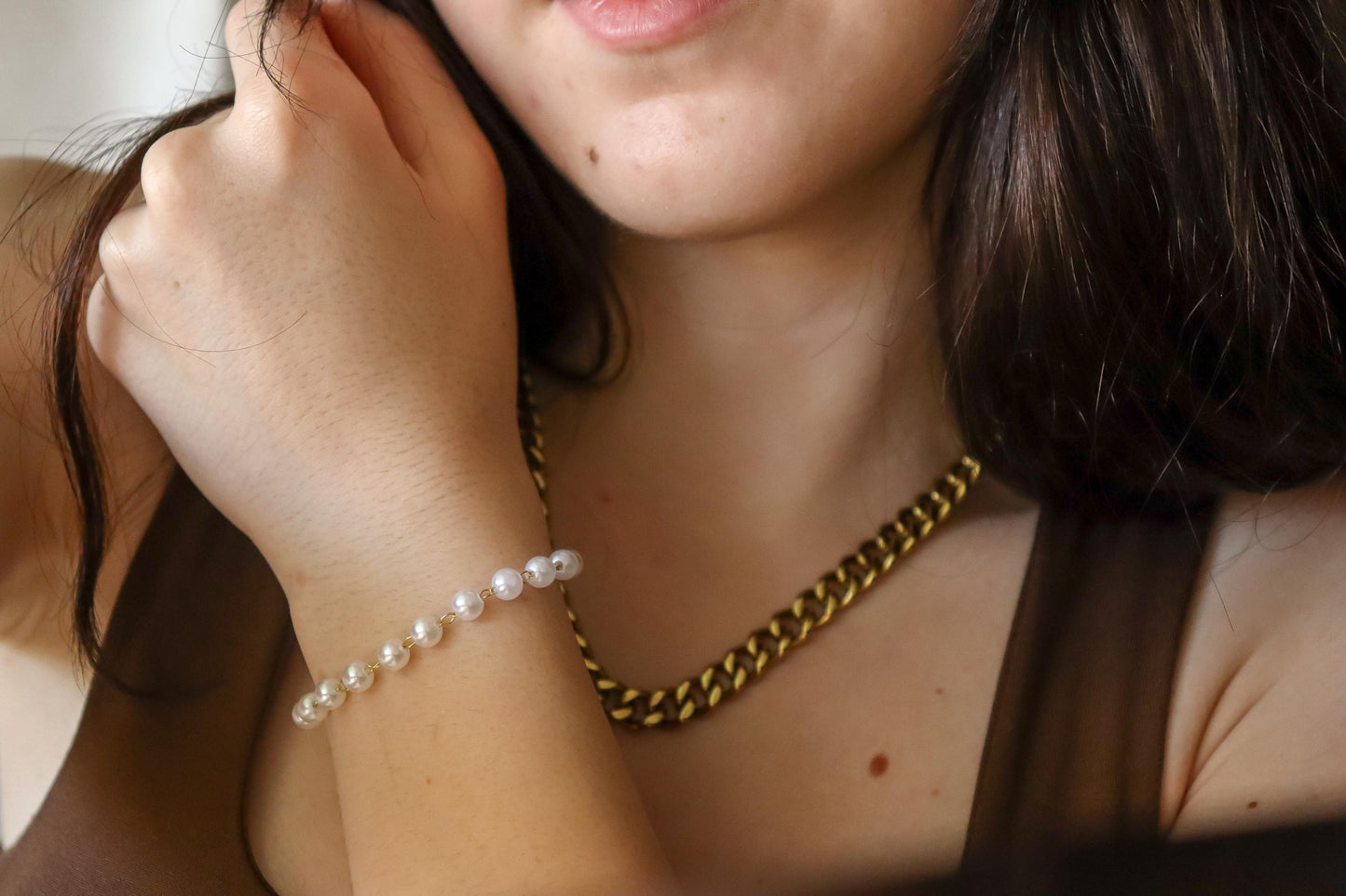 Gold Filled White Round Pearl Bracelet, Waterproof.