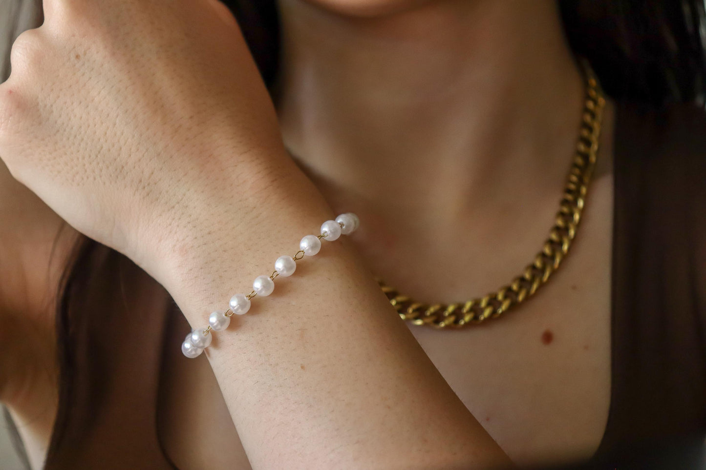 Gold Filled White Round Pearl Bracelet, Waterproof.