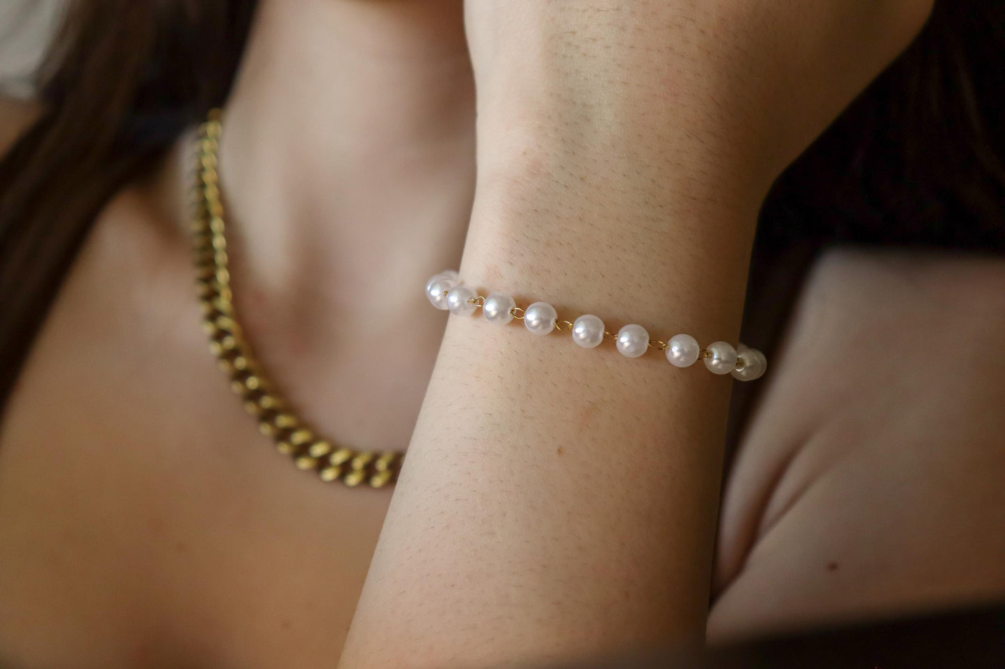 Gold Filled White Round Pearl Bracelet, Waterproof.