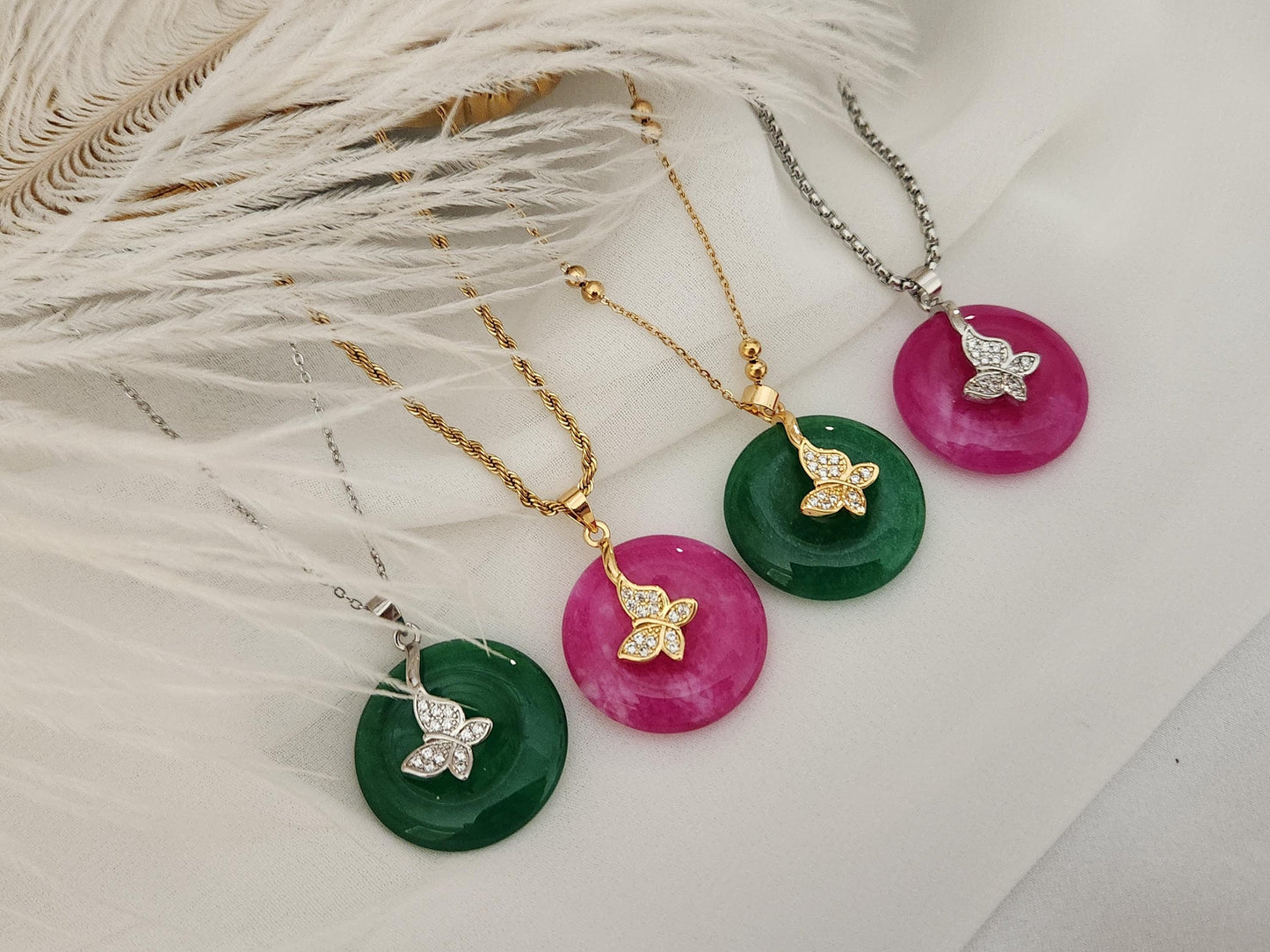 Gold Filled -Silver Natural Green Pink Jade Necklace, Good Luck Pendant, WATERPROOF Adjustable Chains.