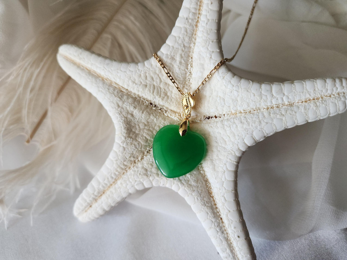 Gold Filled Green Natural Heart Jade Necklace, WATERPROOF Adjustable Chains.