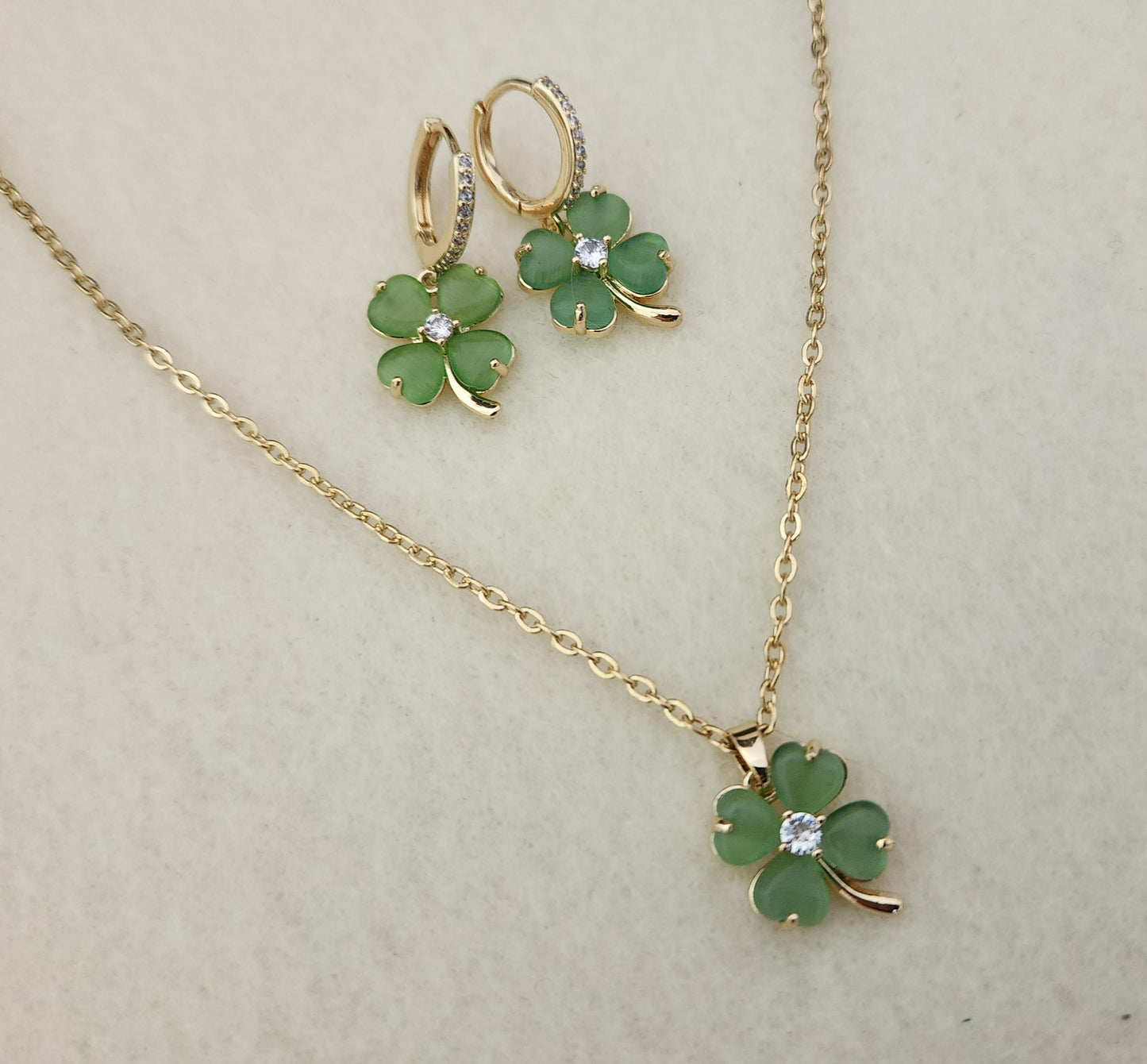 Gold Filled Bridesmaid Jade Earrings , Necklaces, WATERPROOF Clover Set.