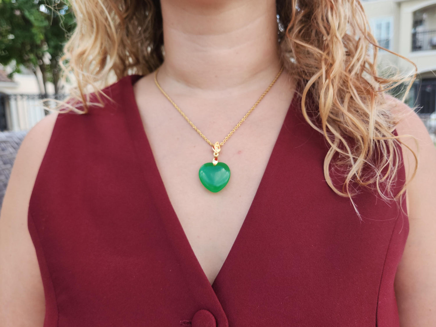 Gold Filled Green Natural Heart Jade Necklace, WATERPROOF Adjustable Chains.