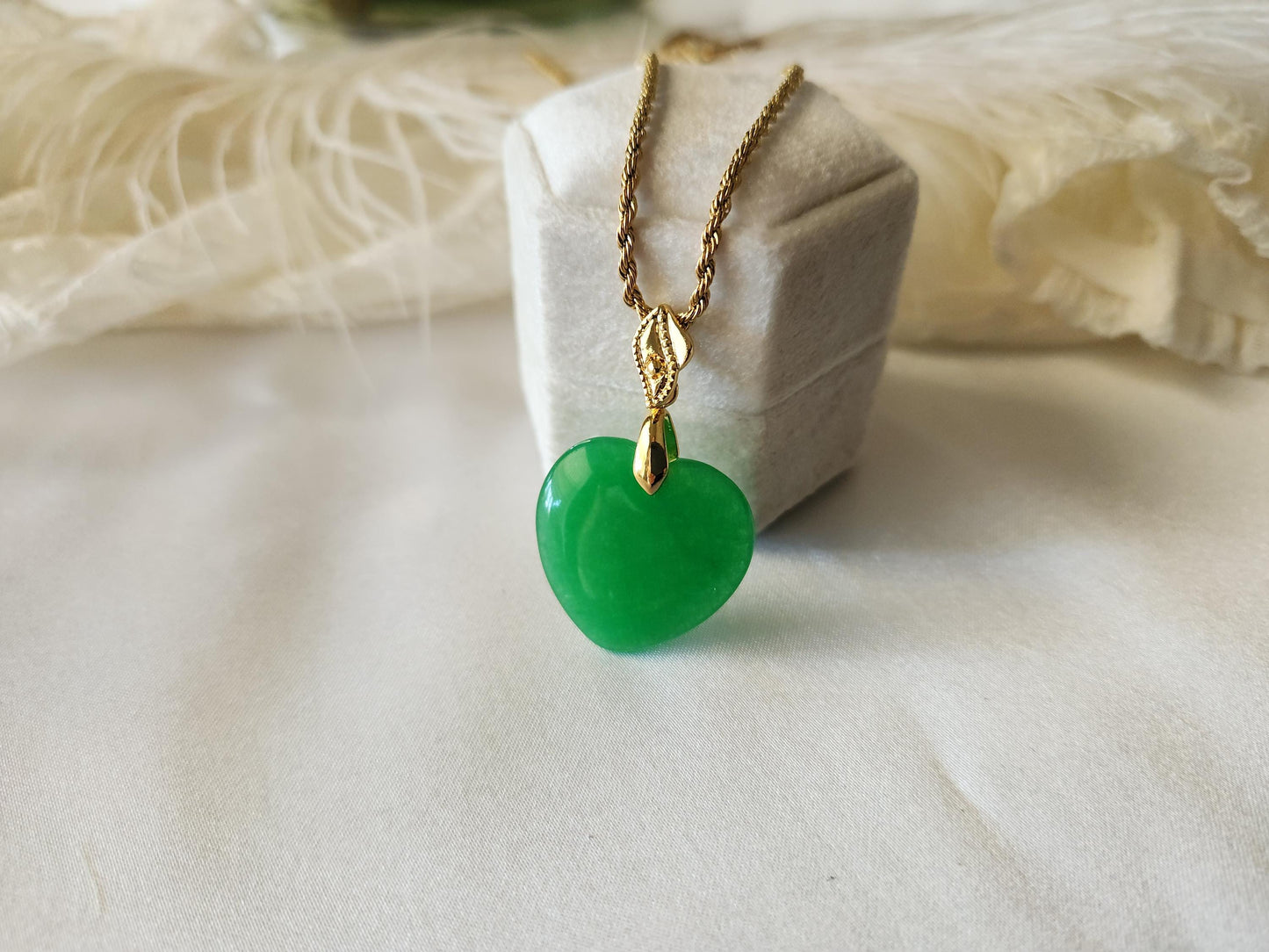 Gold Filled Green Natural Heart Jade Necklace, WATERPROOF Adjustable Chains.