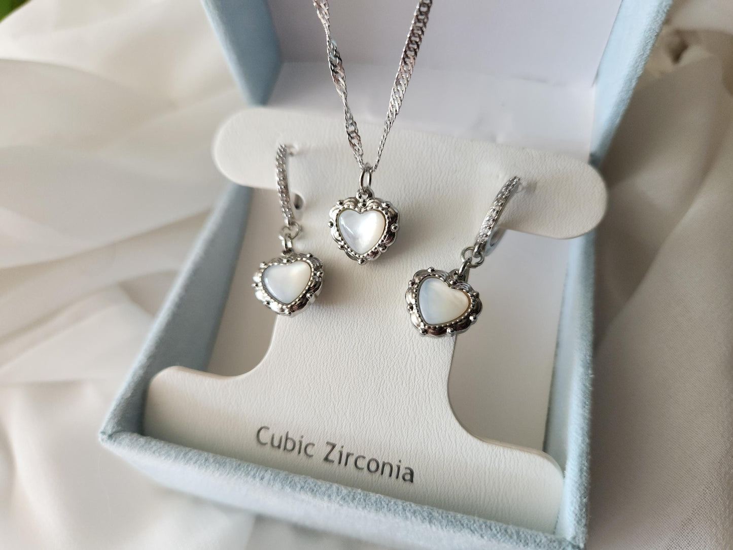 Silver Mother of Pearl Heart Necklace ,Waterproof Adjustable Chains, Love Earrings .