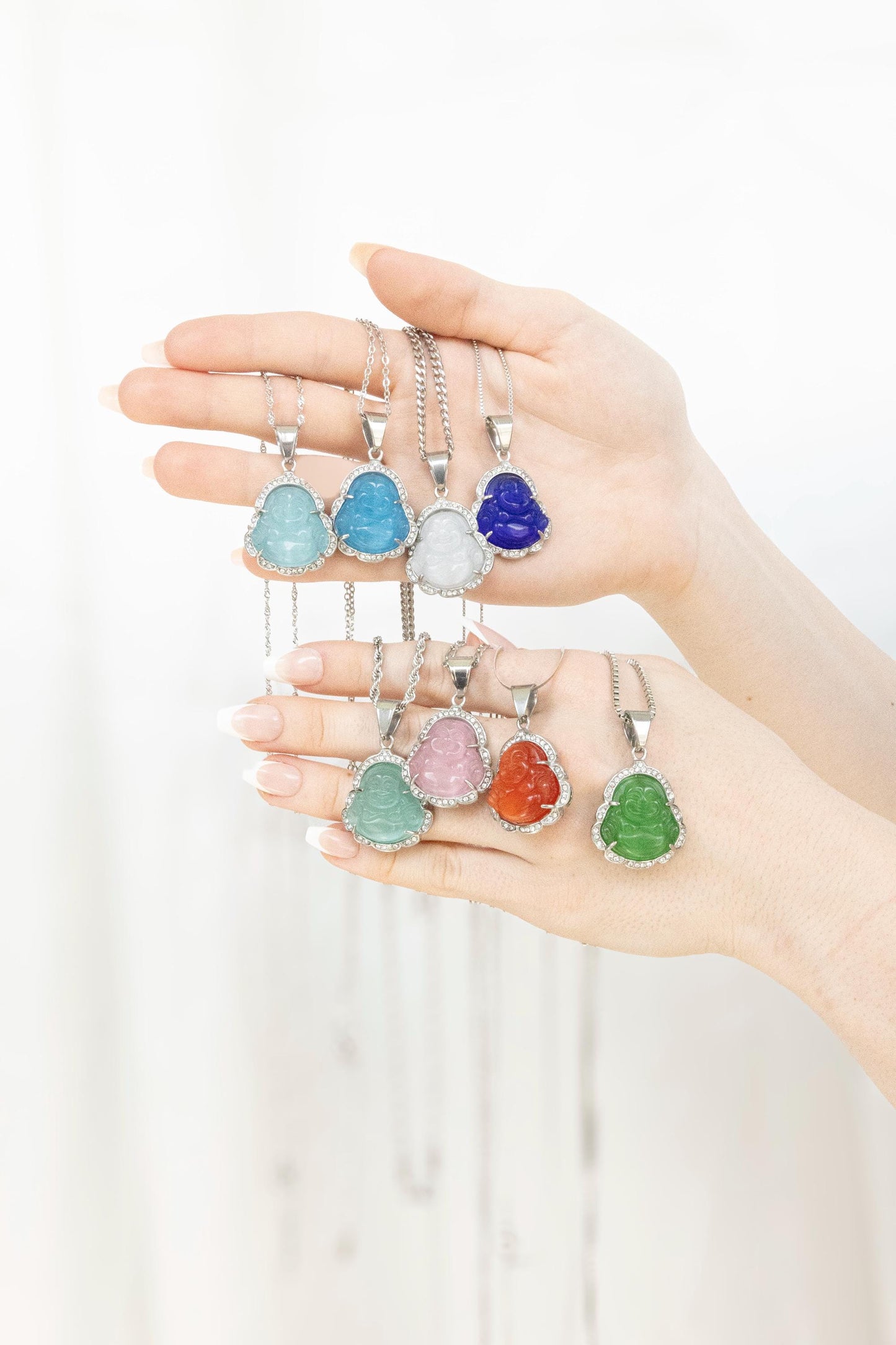 Silver Jade Buddha Necklace, WATERPROOF Adjustable Chains.