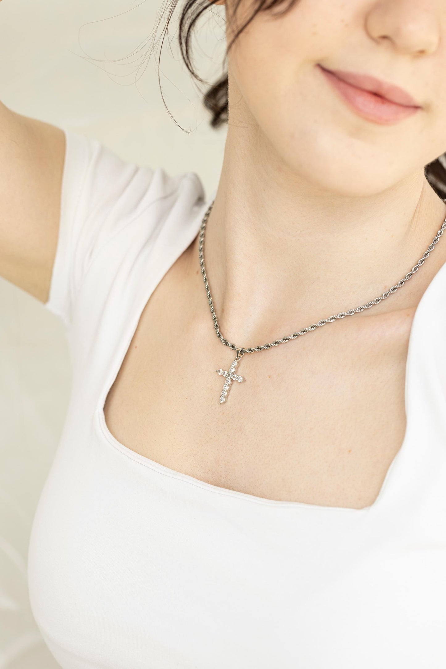 Diamond Cross, Silver Dainty Cross Necklace ,Adjustable WATERPROOF Chains, Handmade Jewelry , Christmas Gift, Christening gift.