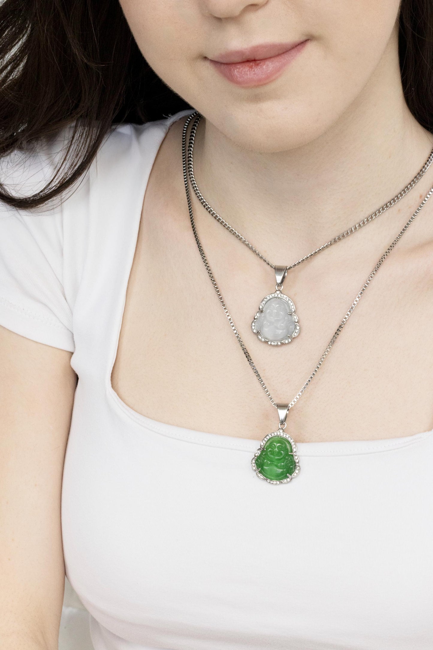 Silver Jade Buddha Necklace, WATERPROOF Adjustable Chains.