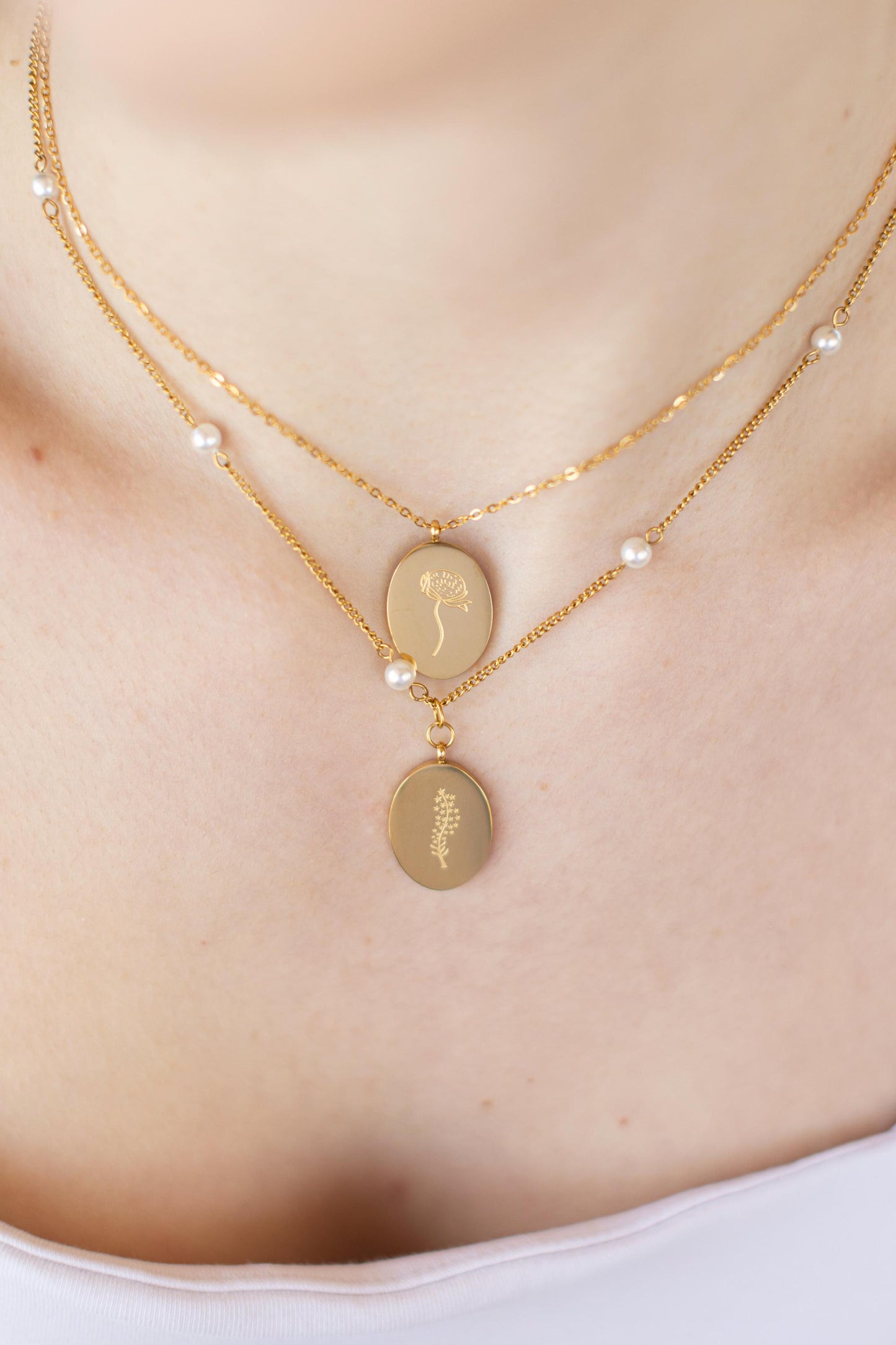 Gold Filled Custom Engraved Oval Birth Month Flower Necklace, WATERPROOF, Birthday Gift.