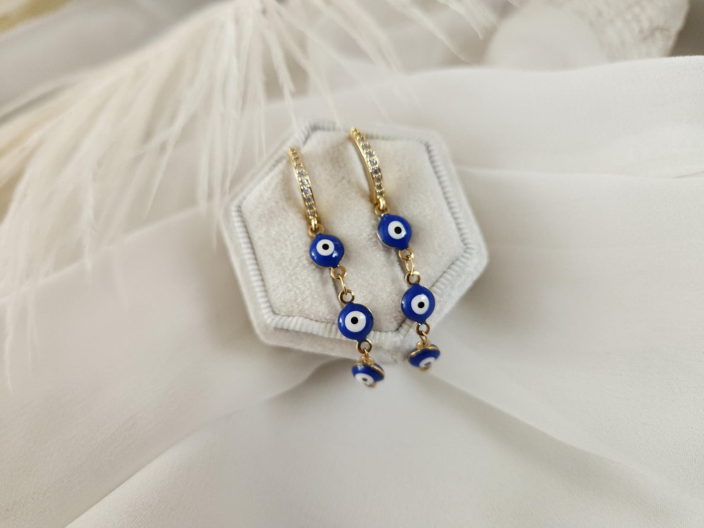 Gold Filled Evil Eye Earrings , WATERPROOF, Protection Jewelry, Good Luck Charm, Sapphire Evil Eye Choker, Lucky Eye Necklace.