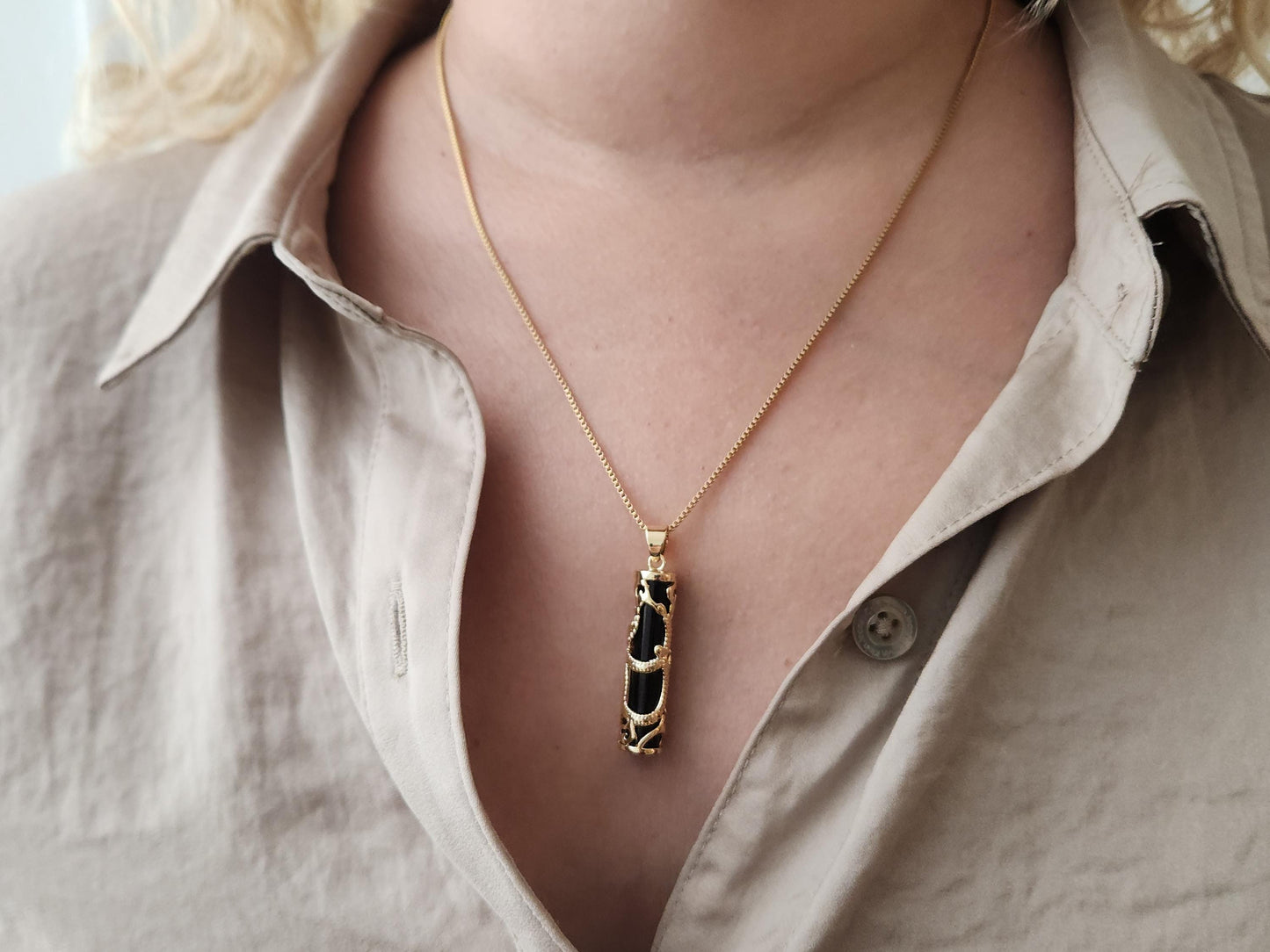 Gold Black Jade Necklace, WATERPROOF Custom Adjustable Chains.