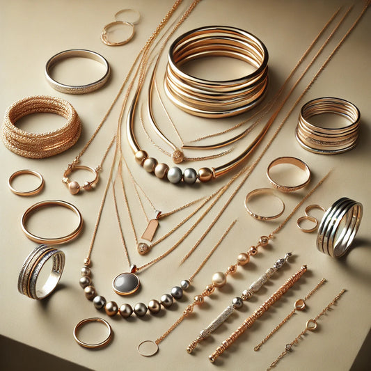 A stylish jewelry arrangement with layered necklaces, mixed metal rings, and bracelets in gold, silver, and rose gold tones on a soft neutral background.