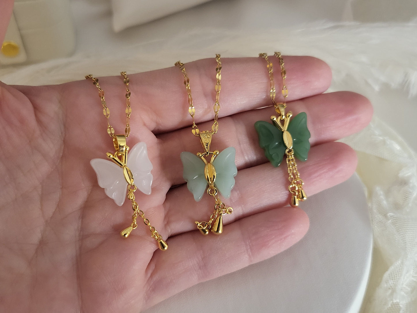 Gold Butterfly Jade Necklace, WATERPROOF Chains, Gifts for Her.